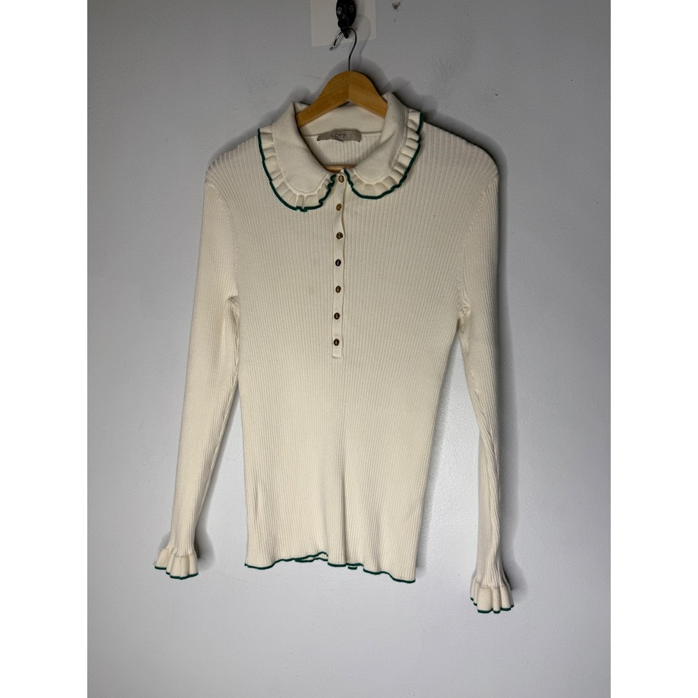 LOFT Womens XL Ribbed Knit Ruffle Peter Pan Collar Button Sweater Cream Green